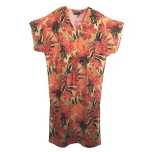 Beach Cover Up XL Tropical Beach Floral Maxi Cinch Waist V Neck Slits Pop Over